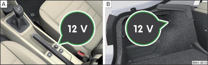 Afdekking van de 12 volt stopcontacten: In de middenconsole voorin / in de bagageruimte